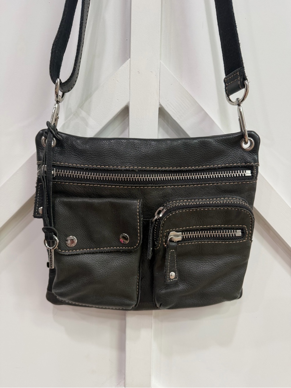 Fossil Black Genuine Leather Multi-Pocket Crossbody Bag